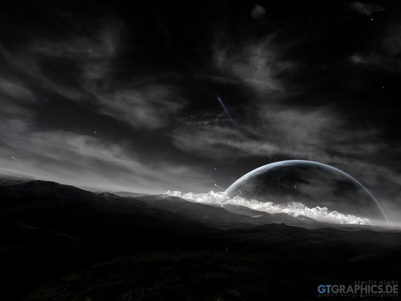 Alien Planet Landscape — Black, Dramatic, Night, Digital Art, Stars