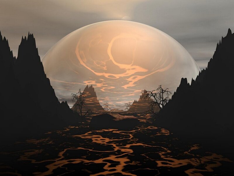 Alien Planet Landscape — Black, Dramatic, Sunset, Digital Art, Mountains, Lava Flow