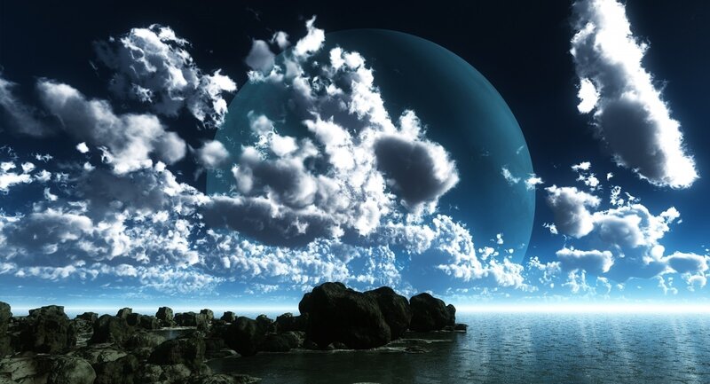 Alien Planet Landscape — Blue, Dramatic, Digital Art, Clouds, Rocks