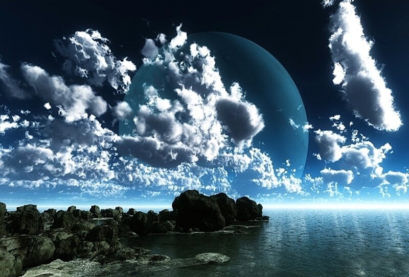 Alien Planet Landscape — Blue, Dramatic, Digital Art, Clouds