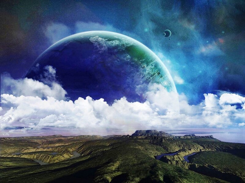 Alien Planet Landscape — Blue, Dramatic, Digital Art, Moon, Clouds