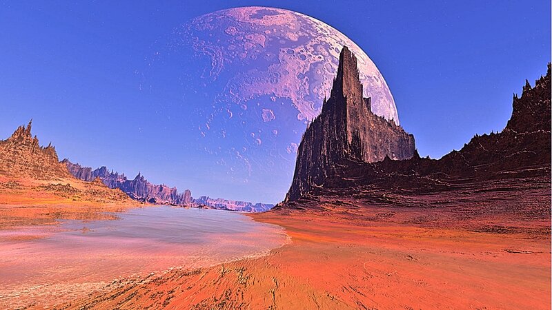 Alien Planet Landscape — Blue, Dramatic, Digital Art, Moon, Mountain