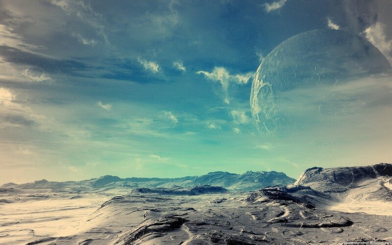 Alien Planet Landscape — Blue, Dramatic, Digital Art, Moon, Mountains, Clouds