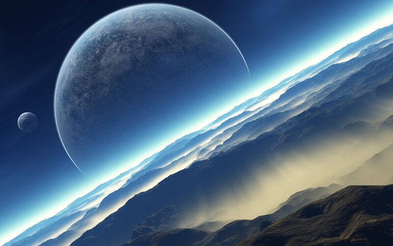 Alien Planet Landscape — Blue, Dramatic, Digital Art, Moon, Mountains