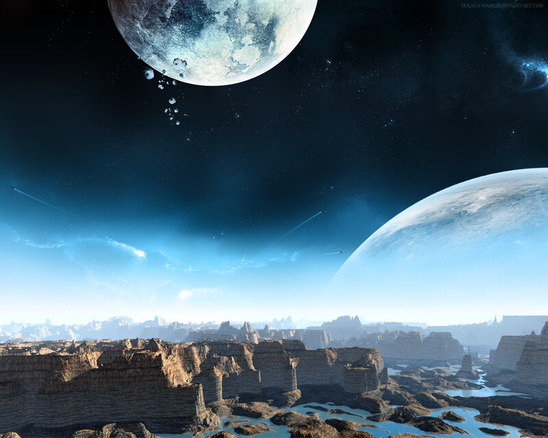 Alien Planet Landscape — Blue, Dramatic, Digital Art, Moon, Planets