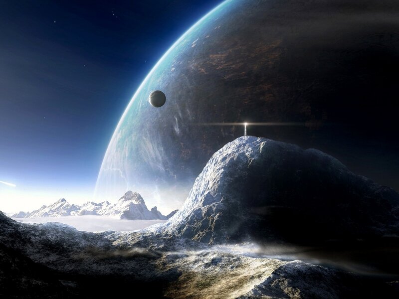 Alien Planet Landscape — Blue, Dramatic, Digital Art, Mountain, Moon, Lighthouse