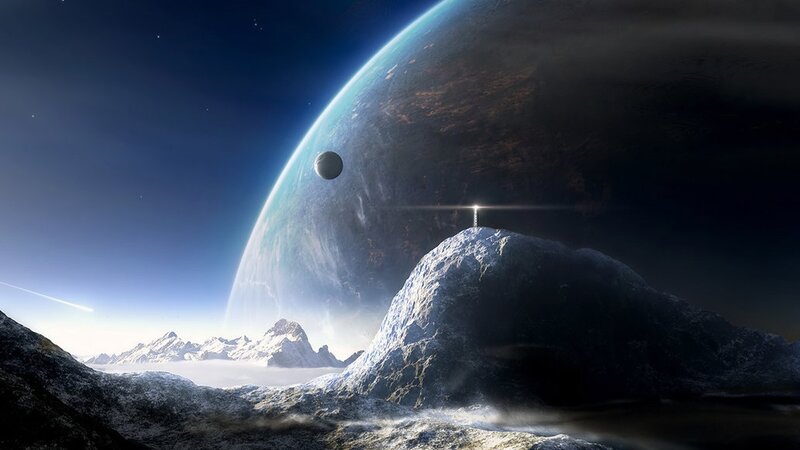Alien Planet Landscape — Blue, Dramatic, Digital Art, Mountain, Moon, Space
