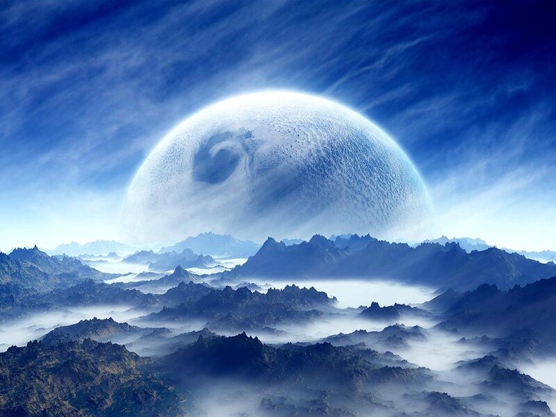 Alien Planet Landscape — Blue, Dramatic, Digital Art, Mountains, Clouds, Moon