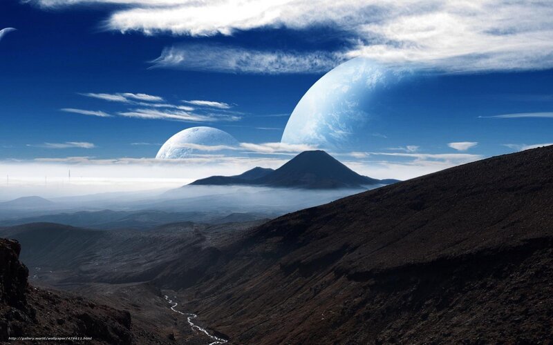Alien Planet Landscape — Blue, Dramatic, Digital Art, Mountains, Planets, Clouds