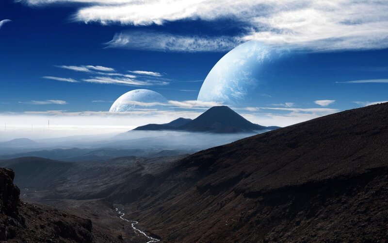 Alien Planet Landscape — Blue, Dramatic, Digital Art, Mountains, Planets