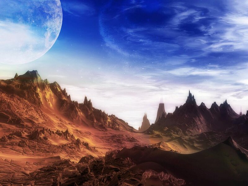 Alien Planet Landscape — Blue, Dramatic, Digital Art, Mountains