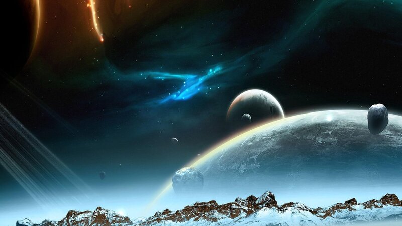 Alien Planet Landscape — Blue, Dramatic, Digital Art, Planets, Asteroids