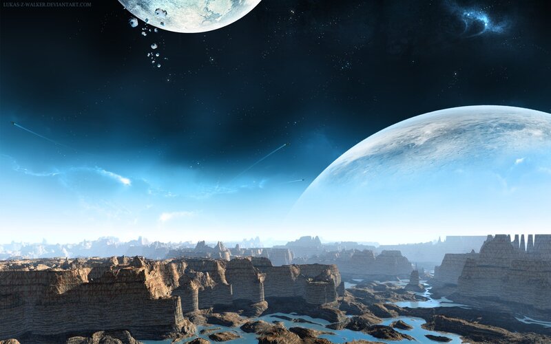 Alien Planet Landscape — Blue, Dramatic, Digital Art, Planets, Rock Formations
