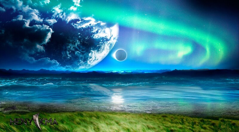 Alien Planet Landscape — Blue, Dramatic, Night, Digital Art, Aurora Borealis