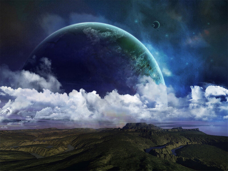 Alien Planet Landscape — Blue, Dramatic, Night, Digital Art, Clouds, Moon, Mountains