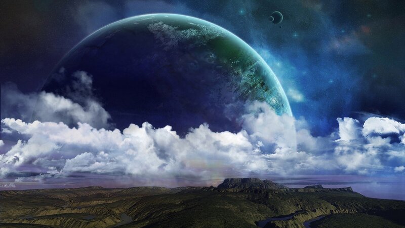 Alien Planet Landscape — Blue, Dramatic, Night, Digital Art, Clouds, Moon