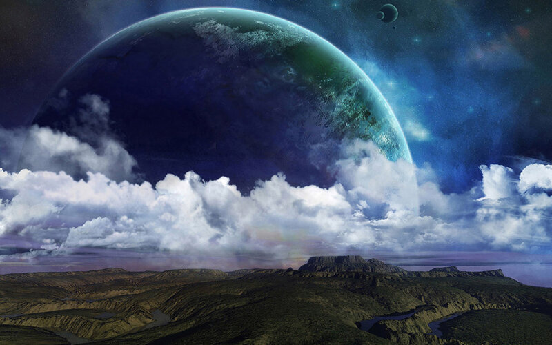Alien Planet Landscape — Blue, Dramatic, Night, Digital Art, Clouds, Mountains