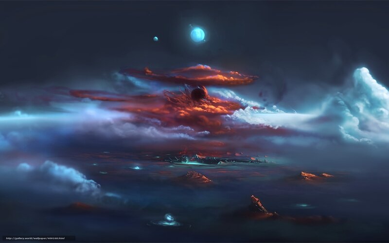 Alien Planet Landscape — Blue, Dramatic, Night, Digital Art, Clouds, Planets