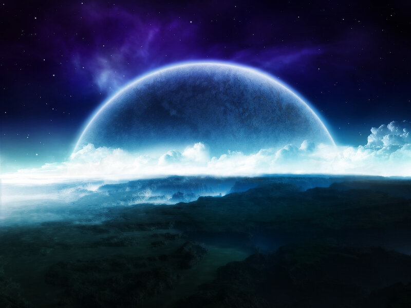 Alien Planet Landscape — Blue, Dramatic, Night, Digital Art, Clouds, Stars