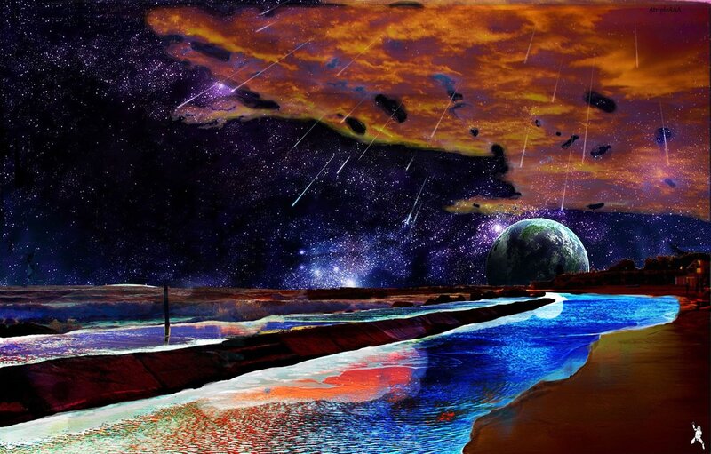 Alien Planet Landscape — Blue, Dramatic, Night, Digital Art, Meteor Shower