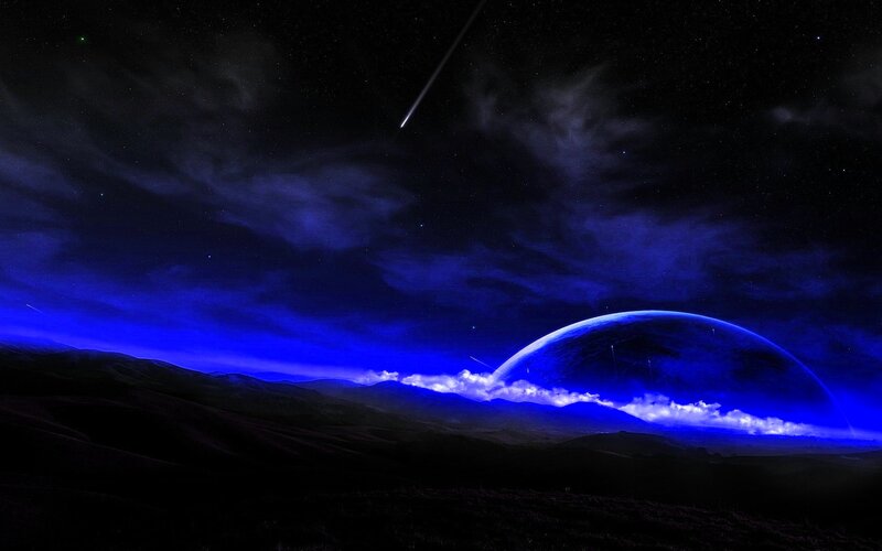 Alien Planet Landscape — Blue, Dramatic, Night, Digital Art, Meteor