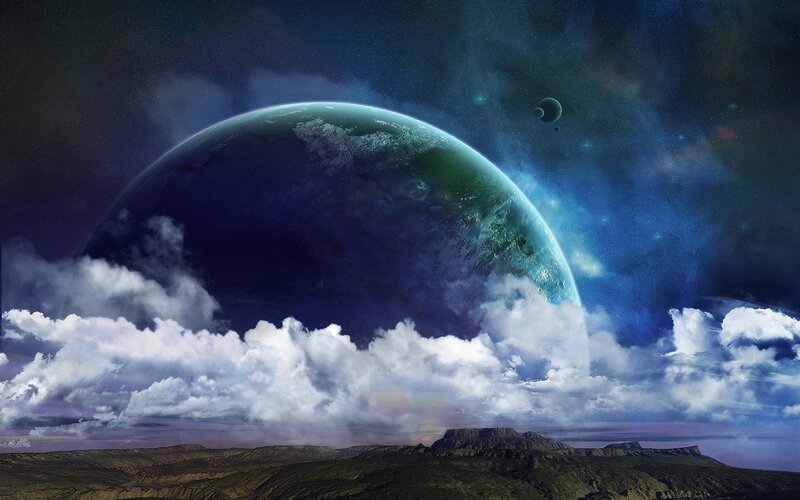 Alien Planet Landscape — Blue, Dramatic, Night, Digital Art, Moon, Clouds, Mountains, Green, Brown