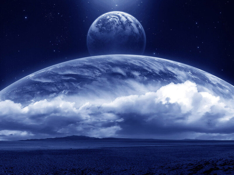 Alien Planet Landscape — Blue, Dramatic, Night, Digital Art, Moon, Clouds