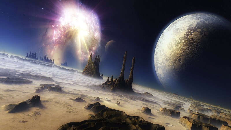 Alien Planet Landscape — Blue, Dramatic, Night, Digital Art, Moon, Galaxy
