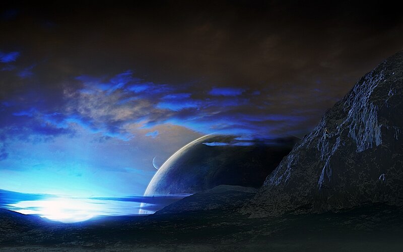 Alien Planet Landscape — Blue, Dramatic, Night, Digital Art, Moon, Mountain, Black