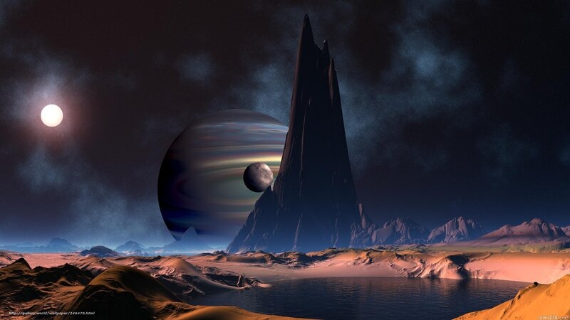 Alien Planet Landscape — Blue, Dramatic, Night, Digital Art, Moon, Mountain