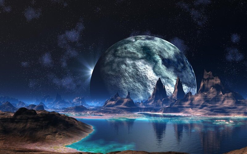 Alien Planet Landscape — Blue, Dramatic, Night, Digital Art, Moon, Mountains, Ocean