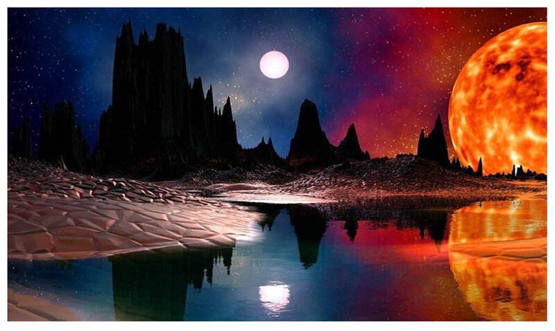 Alien Planet Landscape — Blue, Dramatic, Night, Digital Art, Moon, Mountains