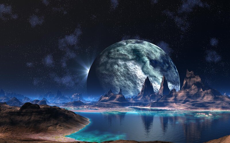Alien Planet Landscape — Blue, Dramatic, Night, Digital Art, Moon, Mountains, Water