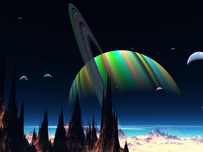Alien Planet Landscape — Blue, Dramatic, Night, Digital Art, Moon, Rings