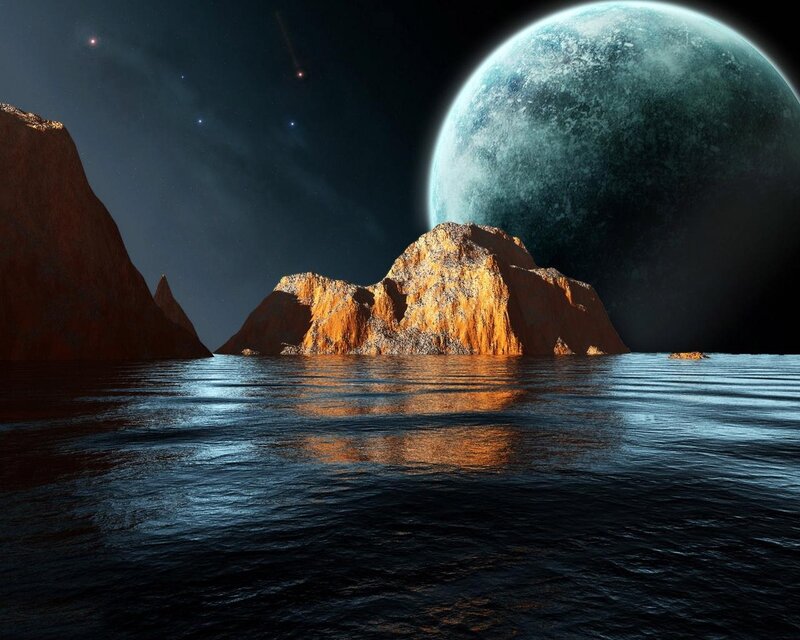 Alien Planet Landscape — Blue, Dramatic, Night, Digital Art, Moon, Rocks