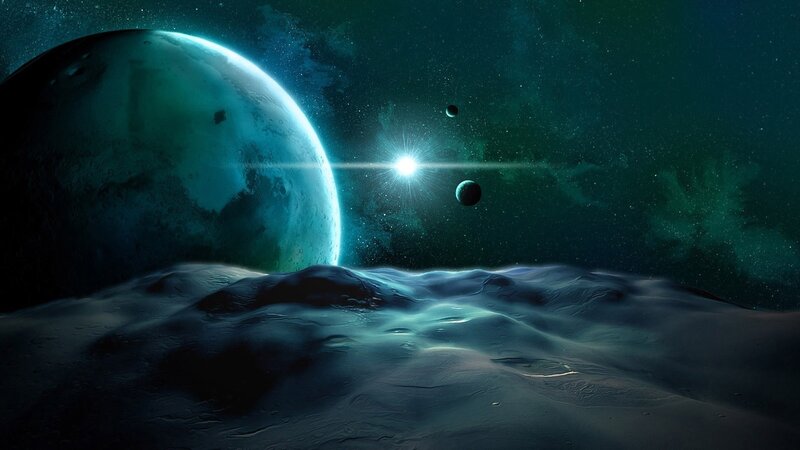 Alien Planet Landscape — Blue, Dramatic, Night, Digital Art, Moon, Star