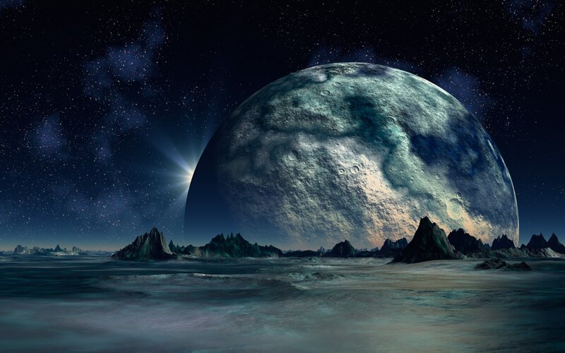 Alien Planet Landscape — Blue, Dramatic, Night, Digital Art, Moon, Stars, Mountains, Black