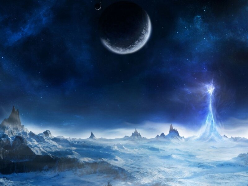 Alien Planet Landscape — Blue, Dramatic, Night, Digital Art, Moon, Stars, Mountains