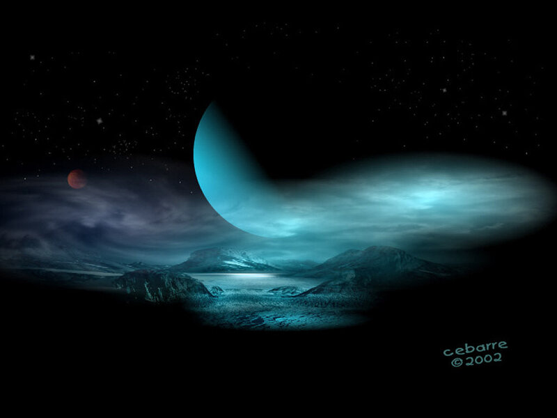 Alien Planet Landscape — Blue, Dramatic, Night, Digital Art, Moon, Stars