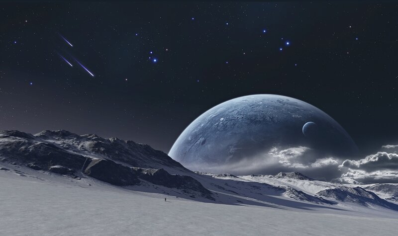 Alien Planet Landscape — Blue, Dramatic, Night, Digital Art, Moon