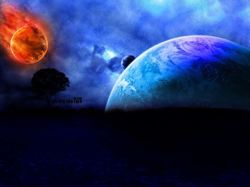 Alien Planet Landscape — Blue, Dramatic, Night, Digital Art, Moon, Tree, Black