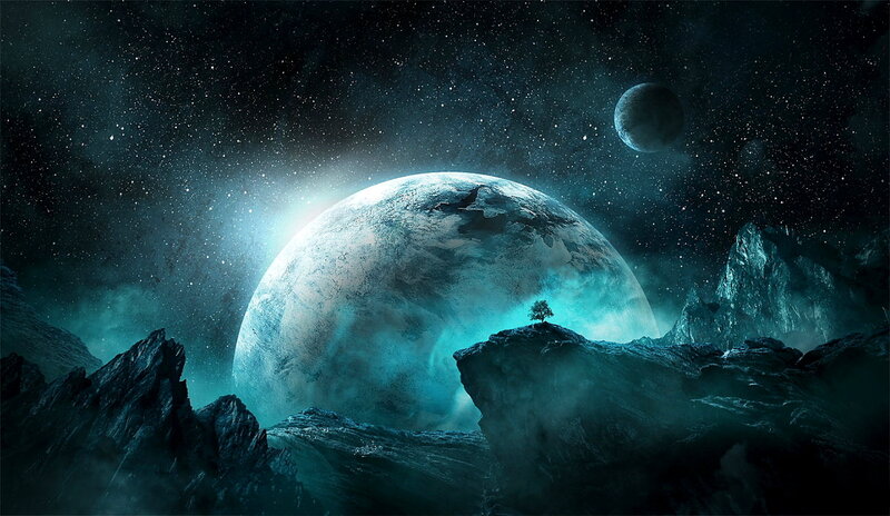 Alien Planet Landscape — Blue, Dramatic, Night, Digital Art, Moon, Tree
