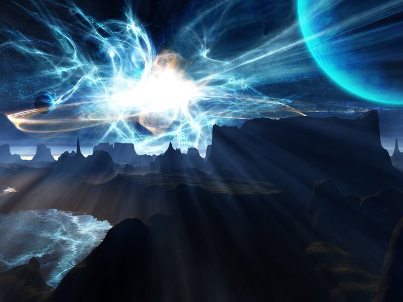 Alien Planet Landscape — Blue, Dramatic, Night, Digital Art, Mountains, Energy Burst