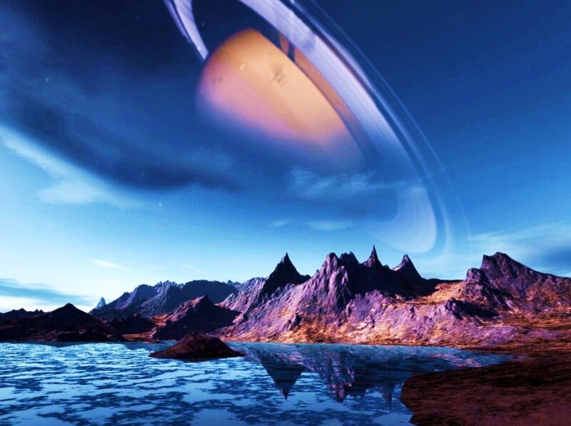 Alien Planet Landscape — Blue, Dramatic, Night, Digital Art, Mountains, Lake, Purple