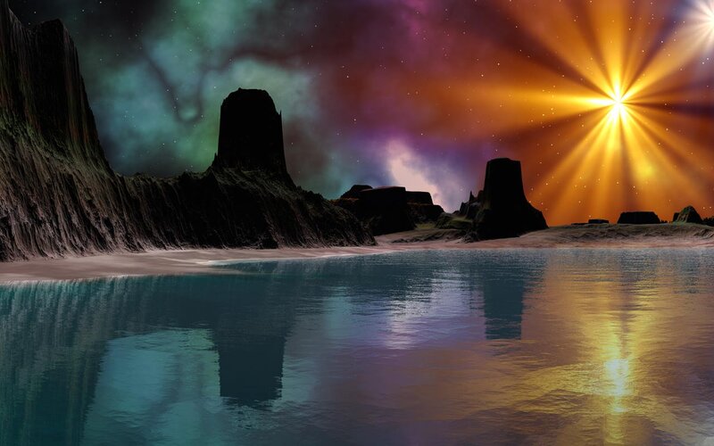 Alien Planet Landscape — Blue, Dramatic, Night, Digital Art, Mountains, Lake, Star
