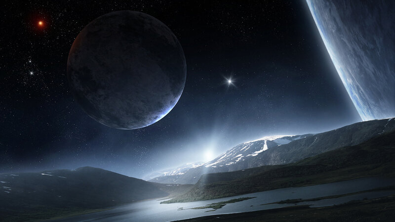 Alien Planet Landscape — Blue, Dramatic, Night, Digital Art, Mountains, Lake