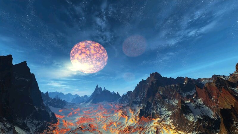 Alien Planet Landscape — Blue, Dramatic, Night, Digital Art, Mountains, Lava Flow