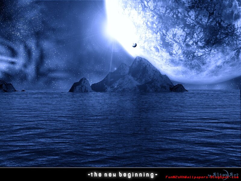 Alien Planet Landscape — Blue, Dramatic, Night, Digital Art, Mountains, Moon, Ocean