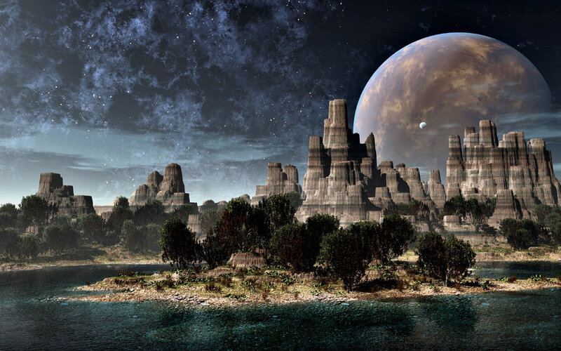 Alien Planet Landscape — Blue, Dramatic, Night, Digital Art, Mountains, Moon, River