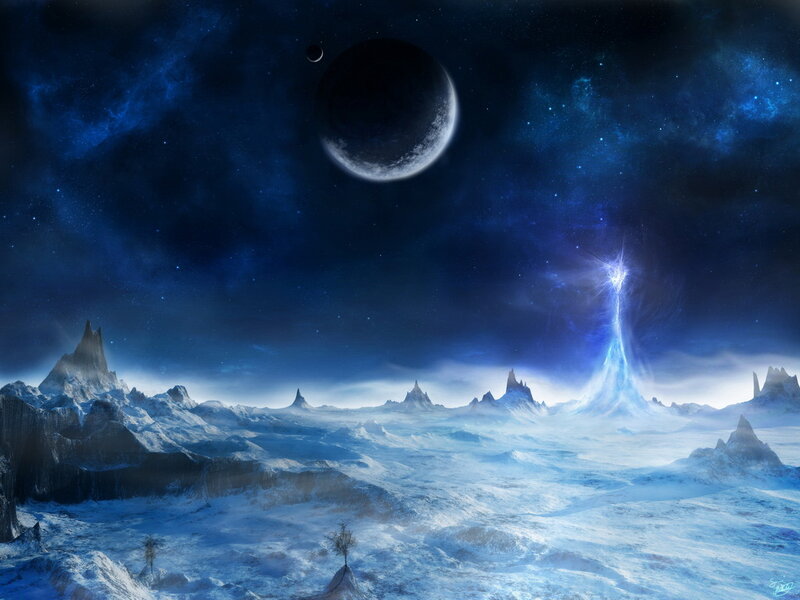 Alien Planet Landscape — Blue, Dramatic, Night, Digital Art, Mountains, Moon, Stars